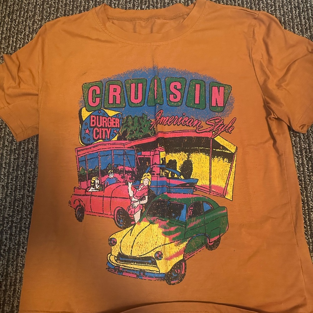 Orange Graphic Tee with Vintage Car Print